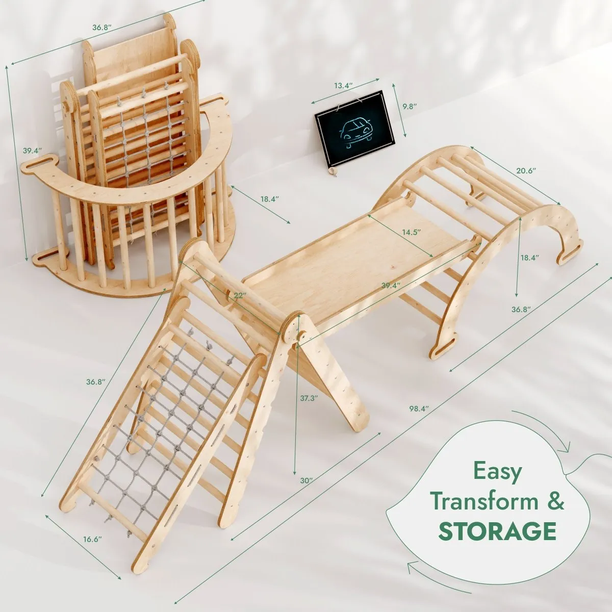 4in1 Montessori Climbing Frame Set: Triangle Ladder   Arch/Rocker   Slide Board/Ramp   Netting rope