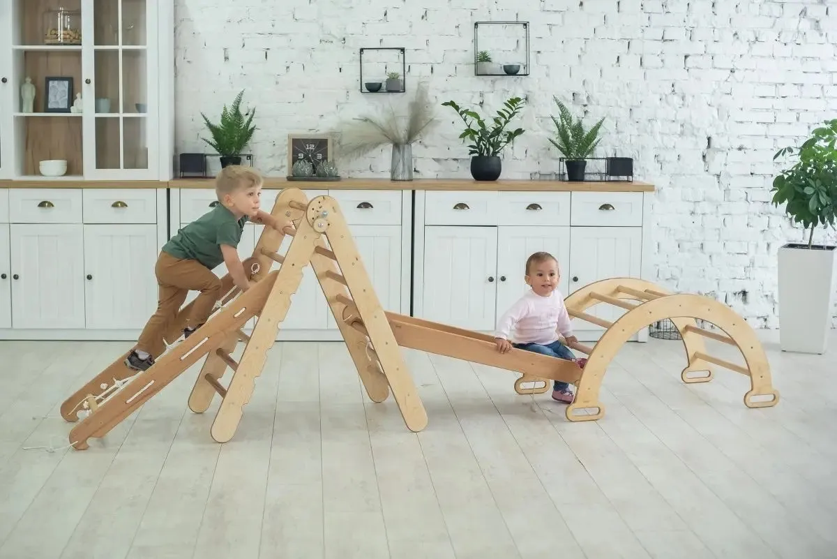 4in1 Montessori Climbing Frame Set: Triangle Ladder   Arch/Rocker   Slide Board/Ramp   Netting rope
