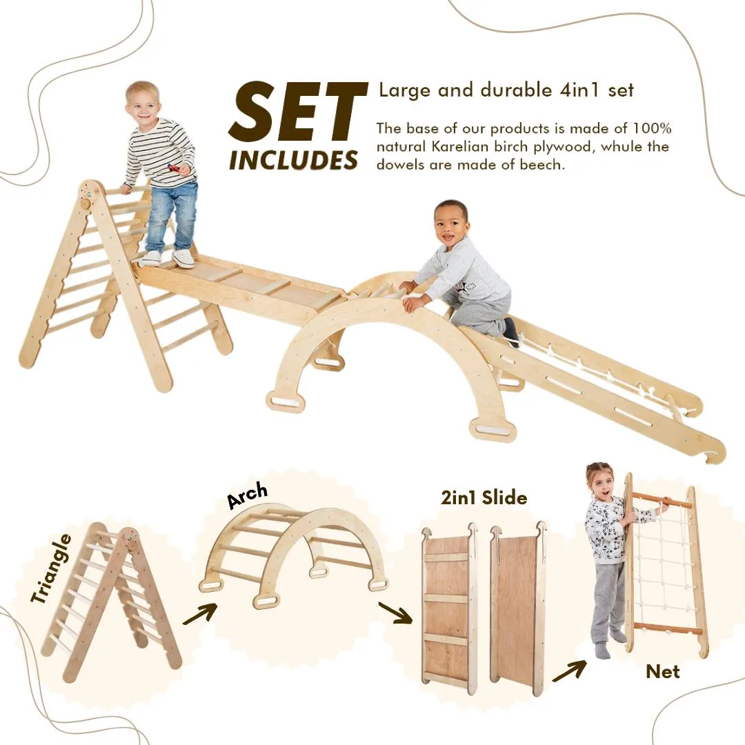 4in1 Montessori Climbing Frame Set: Triangle Ladder   Arch/Rocker   Slide Board/Ramp   Netting rope