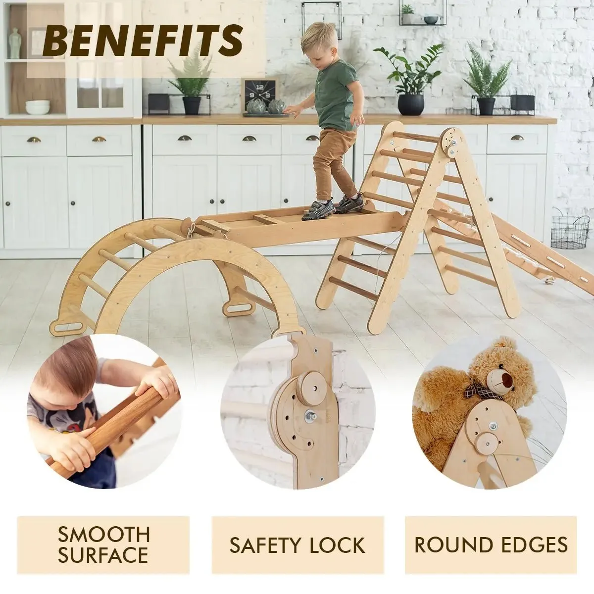 4in1 Montessori Climbing Set: Triangle Ladder   Arch/Rocker   Slide Board/Ramp   Climbing Net – Beige