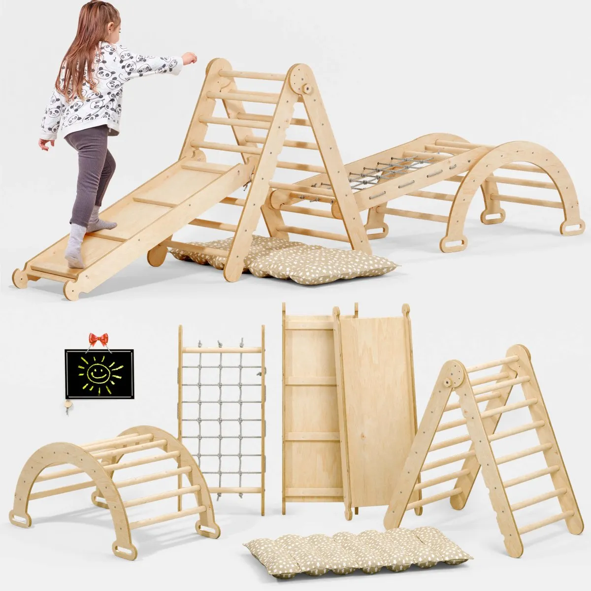 5in1 Montessori Climbing Frame Set: Triangle Ladder   Arch/Rocker   Slide Board/Ramp   Netting rope   Cushion