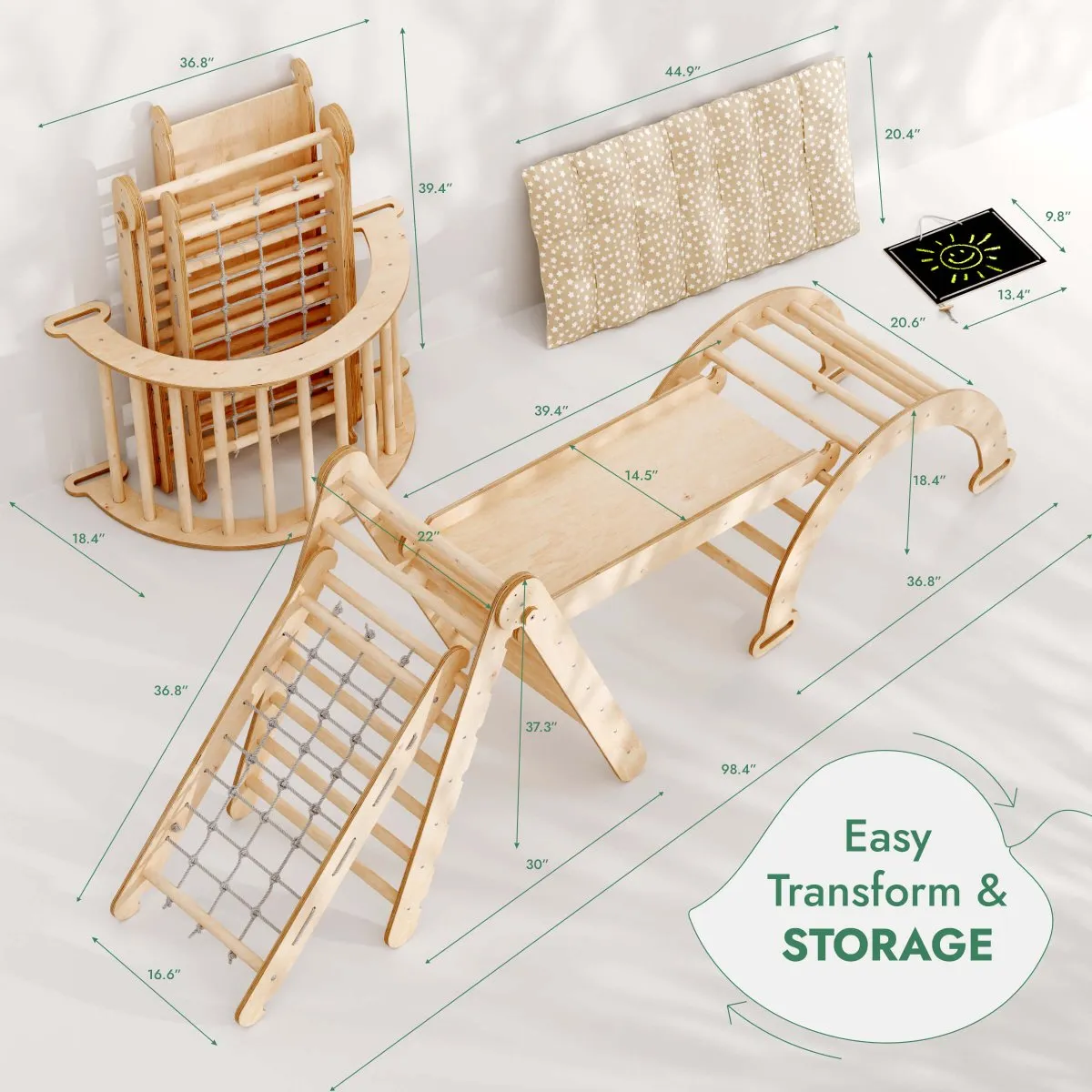 5in1 Montessori Climbing Frame Set: Triangle Ladder   Arch/Rocker   Slide Board/Ramp   Netting rope   Cushion
