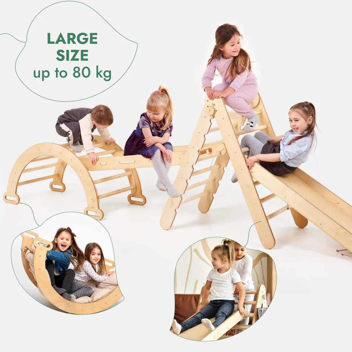 5in1 Montessori Climbing Frame Set: Triangle Ladder   Arch/Rocker   Slide Board/Ramp   Netting rope   Cushion