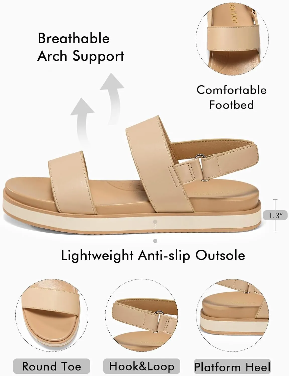 Coutgo Womens Flat Sandals Comfortable Arch Support Adjustable Double Strap Lightweight Summer Platform Sandals