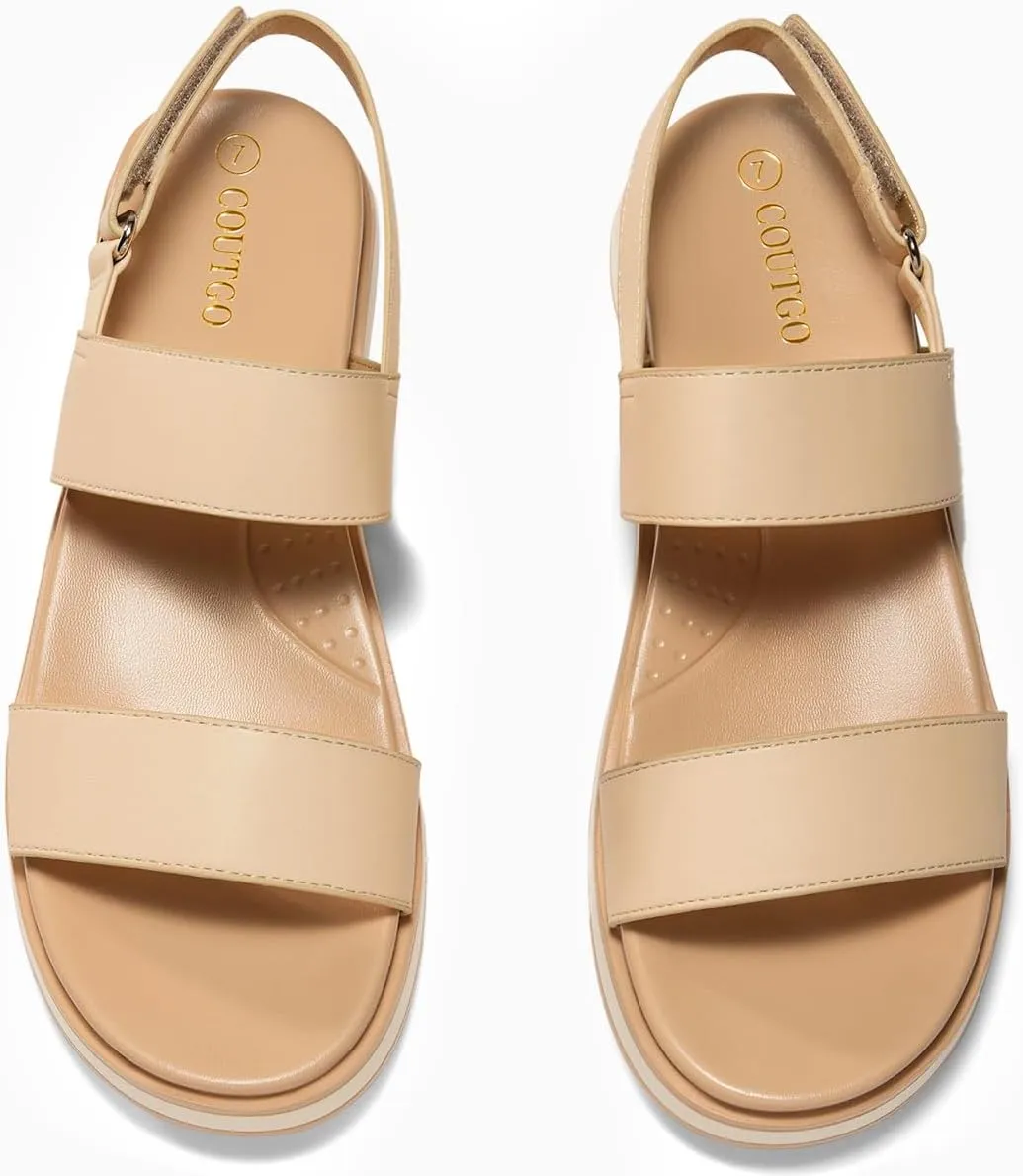 Coutgo Womens Flat Sandals Comfortable Arch Support Adjustable Double Strap Lightweight Summer Platform Sandals