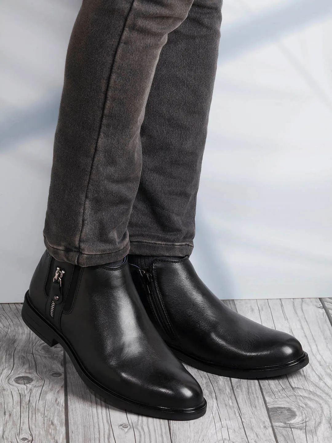 Men's Black Round Toe Casual Slip On Boots (ID2273)