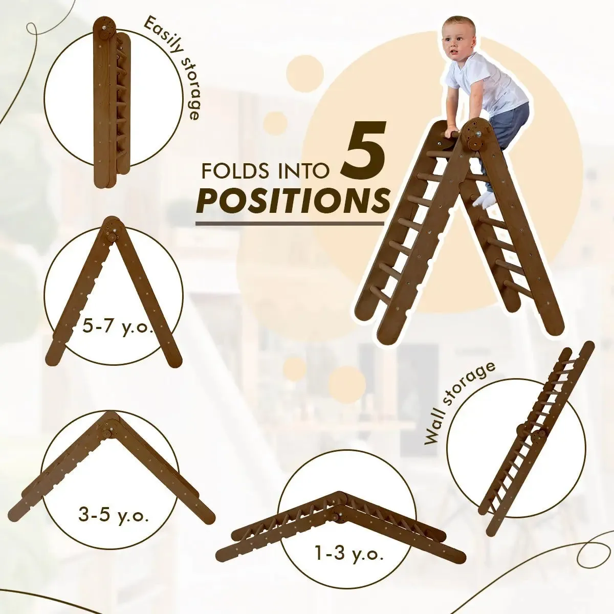 The 4in1 Montessori Climbing Set consists of: Triangle Ladder   Arch/Rocker   Slide Board/Ramp   Net – Chocolate